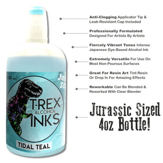Jurassic sized 4oz T-Rex Alcohol Ink refill bottle in Tidal Teal with applicator tip and vibrant Japanese dye-based formula