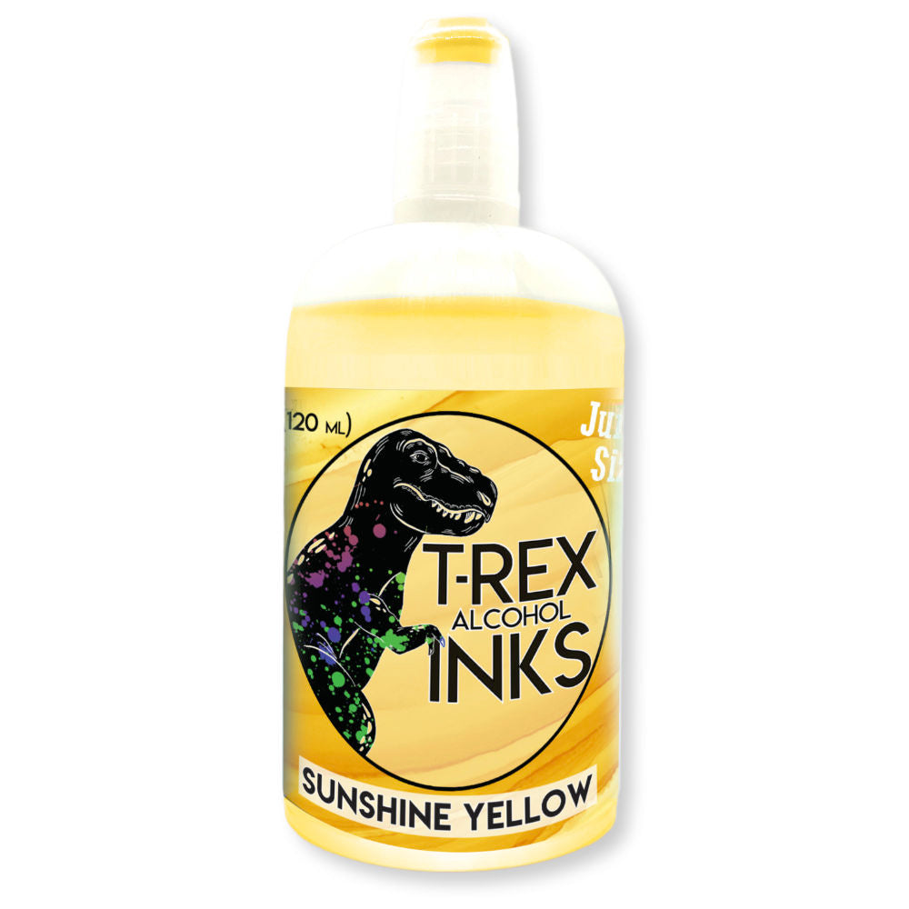 Jurassic sized 4oz T-Rex alcohol ink refill bottle in Sunshine Yellow with applicator tip for vibrant art projects