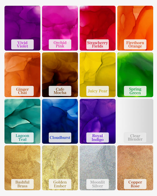 Essential Palette 16 Color Alcohol Ink Set by T-Rex Inks with 4 Metallic Inks!