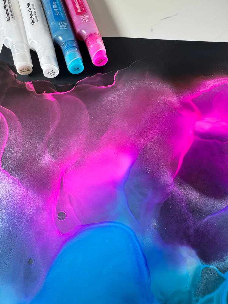 Starter Palette 16 Bottle Alcohol Ink Set by T-Rex Inks with vibrant blue pink shimmer colors for alcohol ink painting and art projects