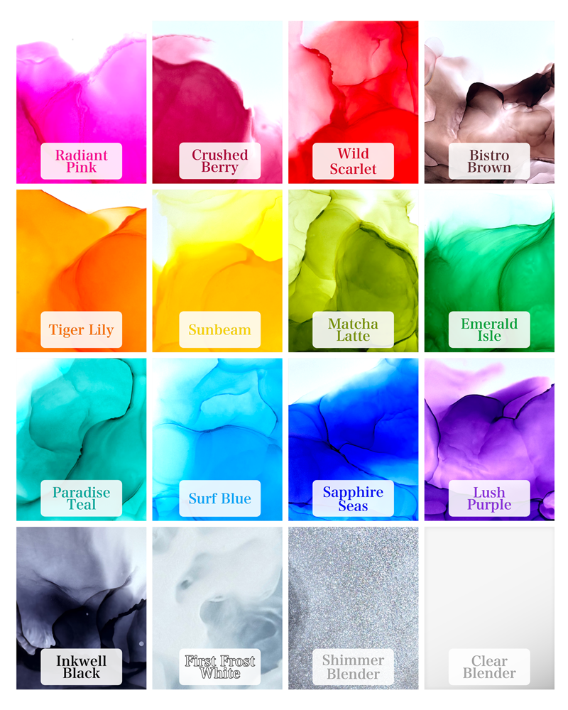 Starter Palette 16 Bottle Alcohol Ink Set by T-Rex Inks featuring vibrant colors and shimmer and clear blenders for alcohol ink painting