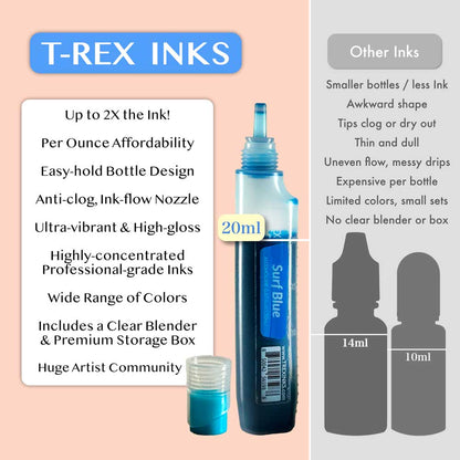 Comparison of 20ml Starter Palette 16 Bottle Alcohol Ink Set by T-Rex Inks showing vibrant ink and anti-clog nozzle design