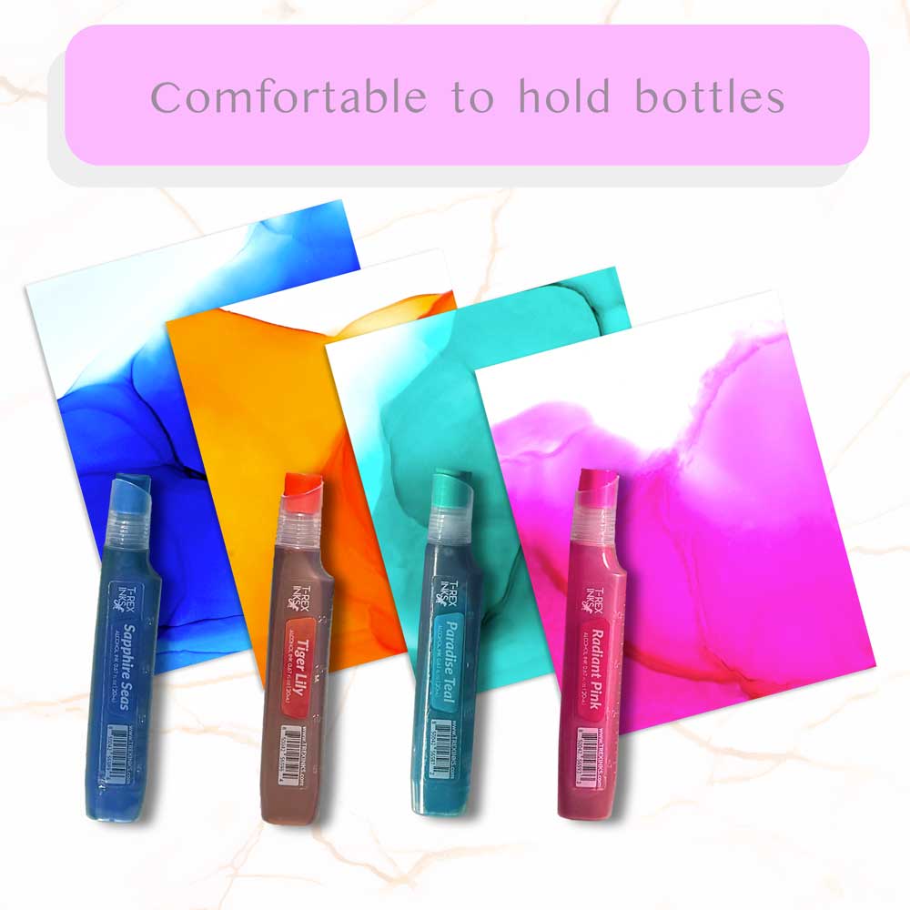 Starter Palette 16 Bottle Alcohol Ink Set by T-Rex Inks showing vibrant colors with ergonomic design for easy alcohol ink painting.