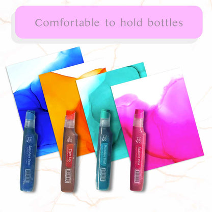 Starter Palette 16 Bottle Alcohol Ink Set by T-Rex Inks showing vibrant colors with ergonomic design for easy alcohol ink painting.