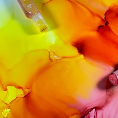 Starter Palette 16 Bottle Alcohol Ink Set by T-Rex Inks showing vibrant alcohol ink painting with t-rex alcohol inks