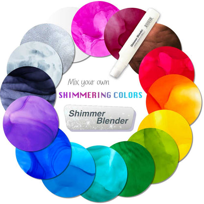 Starter Palette 16 Bottle Alcohol Ink Set by T-Rex Inks with shimmering colors and shimmer blender for alcohol ink painting