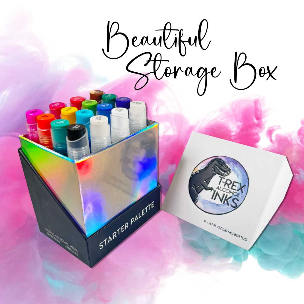 Starter Palette 16 Bottle Alcohol Ink Set by T-Rex Inks with rainbow colors and premium storage for alcohol ink painting