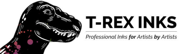T-Rex inks black dinosaur logo with purple and red ink splatters for alcohol ink painting branding design
