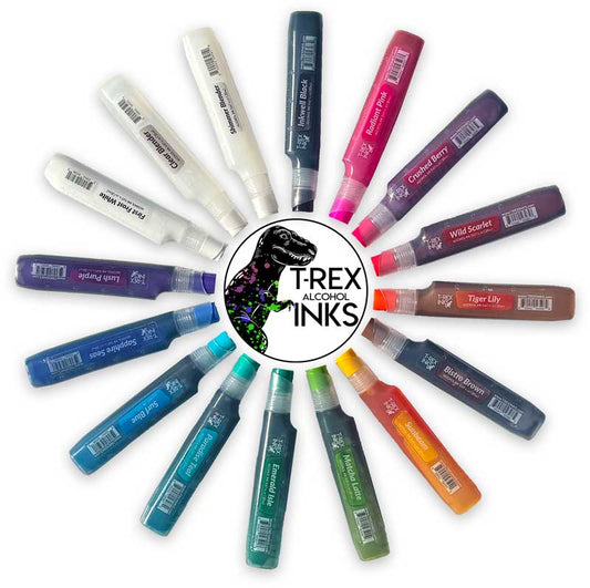 Palette Series Single Bottles by T-Rex Inks arranged in a color wheel with vibrant alcohol ink shades for art projects