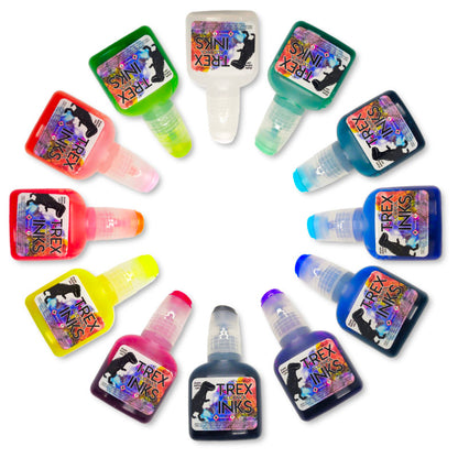 Final Clear Out Sparkling Shimmer Alcohol Ink 12 Bottle Set With Clear Shimmer Blender by T-Rex Inks vibrant alcohol ink set for painting and resin