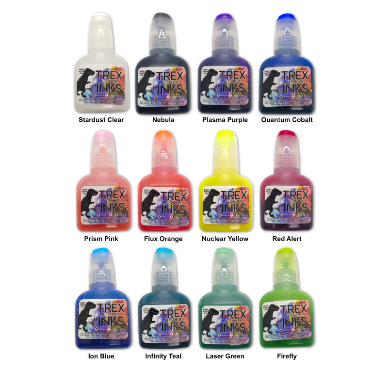 Final Clear Out Sparkling Shimmer Alcohol Ink 12 Bottle Set With Clear Shimmer Blender by T-Rex Inks for alcohol ink painting