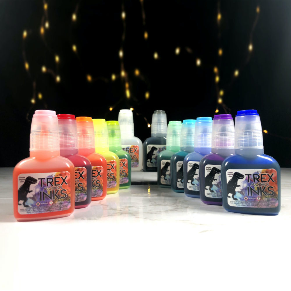 Set of 12 T-Rex sparkling shimmer alcohol inks in bright colors with clear shimmer blender for vibrant artwork