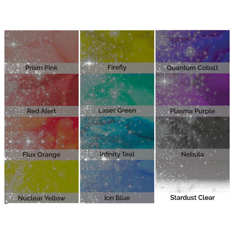 Set of 12 vibrant sparkling shimmer alcohol ink colors with Stardust Clear shimmer blender for vivid artistic projects