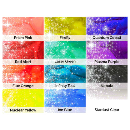 Set of 12 vibrant sparkling shimmer alcohol ink colors with Stardust Clear shimmer blender for vivid artistic projects