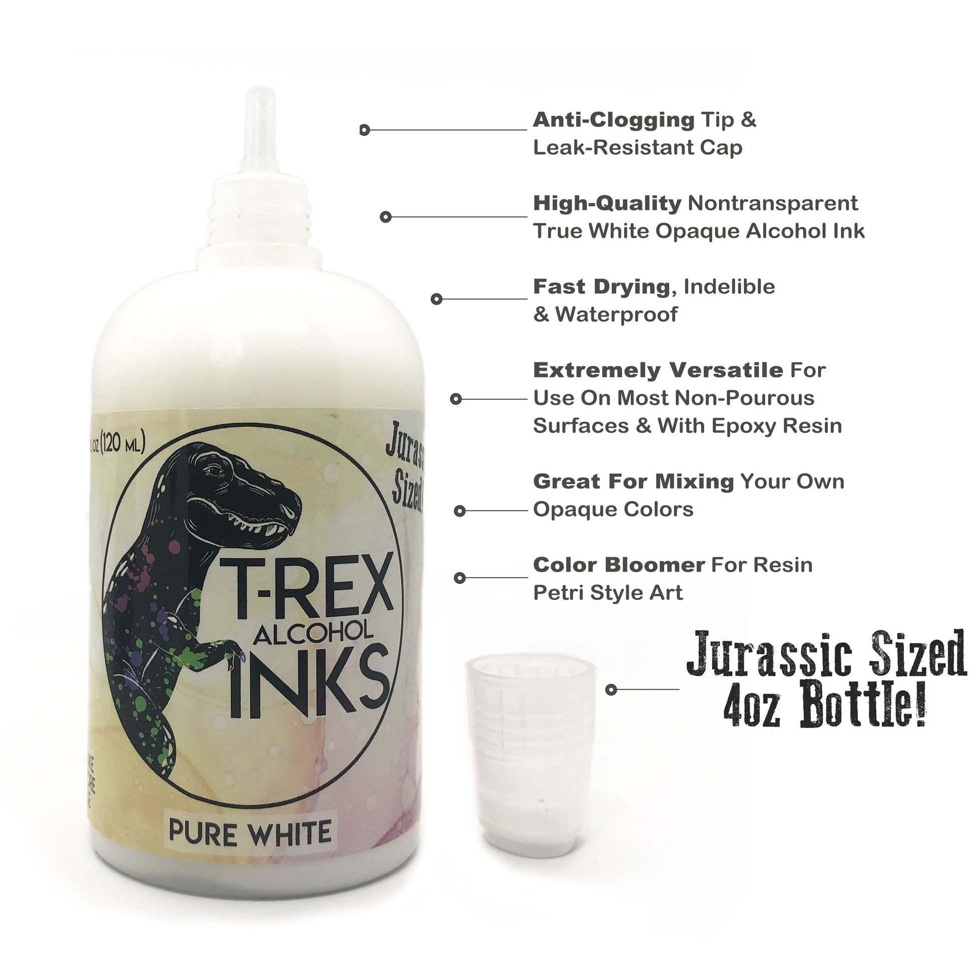 Jurassic sized 4oz T-Rex PURE WHITE opaque alcohol ink bottle with applicator tip for fast drying and versatile art use
