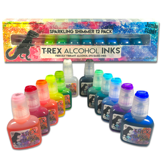 Set of 12 T-Rex sparkling shimmer alcohol inks in bright vibrant colors with clear shimmer blender jumbo size bottles