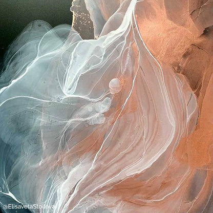 Swirling abstract alcohol ink art in opaque pure white with translucent gray and copper tones creating fluid textures