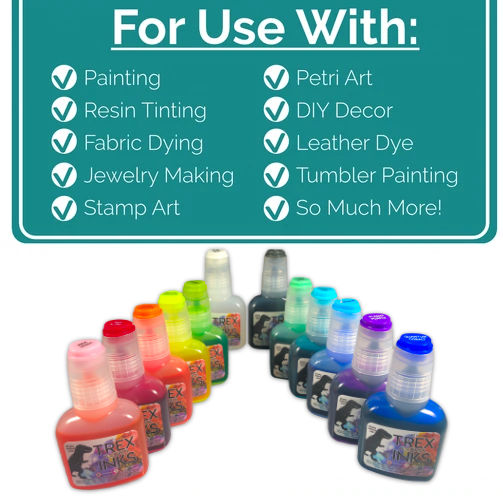 Final Clear Out Sparkling Shimmer Alcohol Ink 12 Bottle Set With Clear Shimmer Blender by T-Rex Inks for alcohol ink painting and resin projects