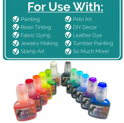 Final Clear Out Sparkling Shimmer Alcohol Ink 12 Bottle Set With Clear Shimmer Blender by T-Rex Inks for alcohol ink painting and resin projects