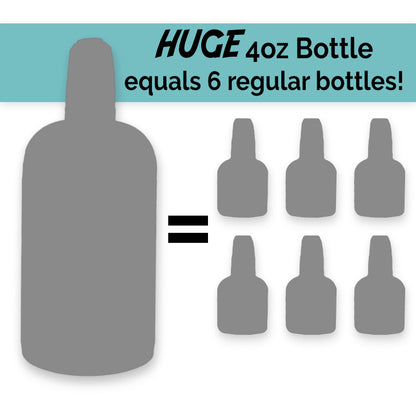 Graphic showing one large 4oz alcohol ink bottle equal in size to six regular smaller bottles for size comparison