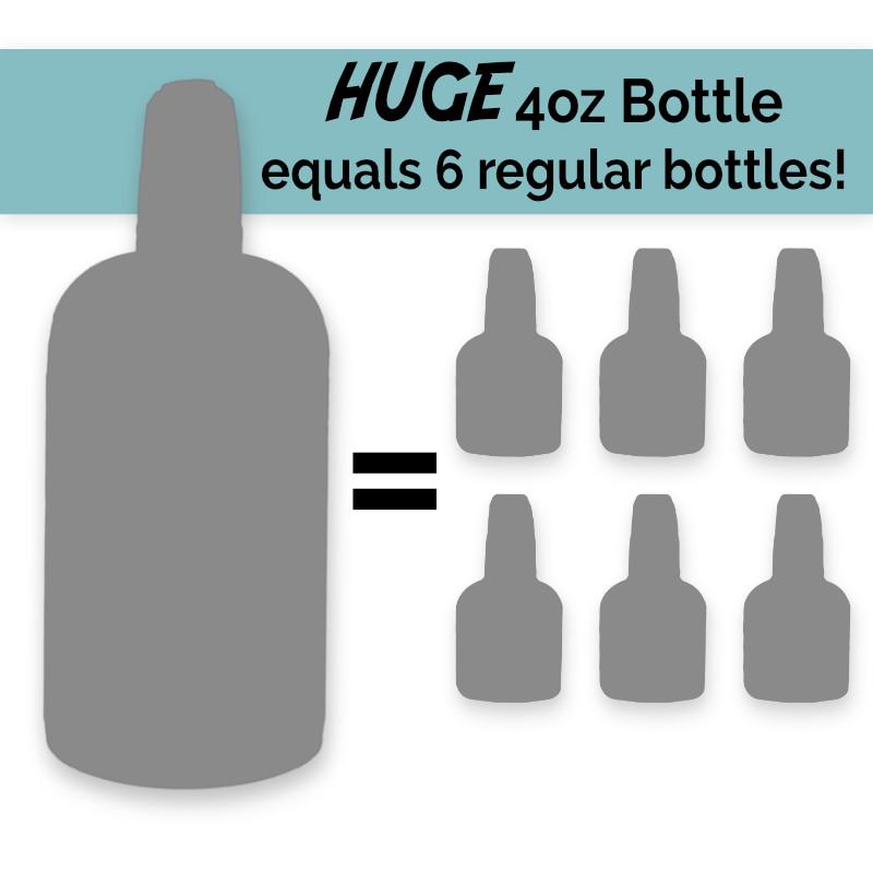 Graphic showing a huge 4oz alcohol ink bottle equivalent in size to six smaller regular bottles side by side
