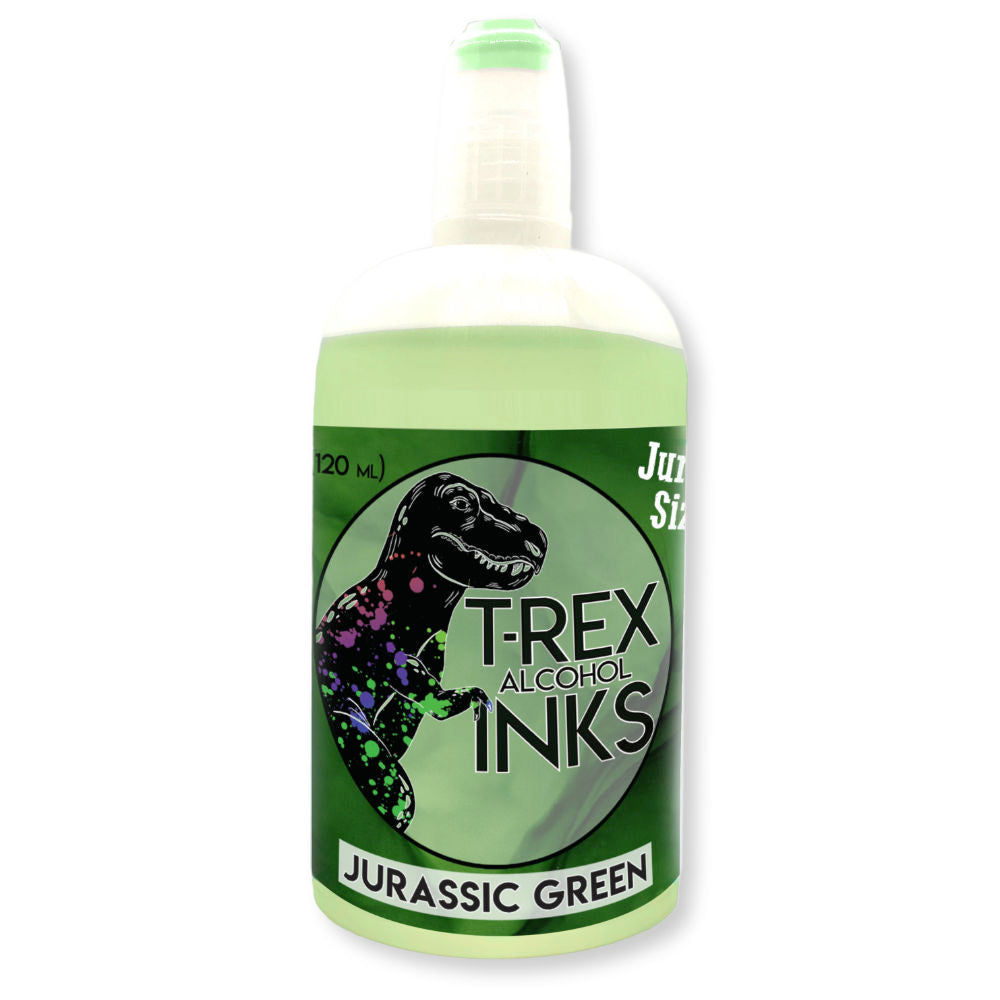 Jurassic sized 4oz T-Rex Alcohol Ink refill bottle in Jurassic Green with applicator tip for vibrant art projects