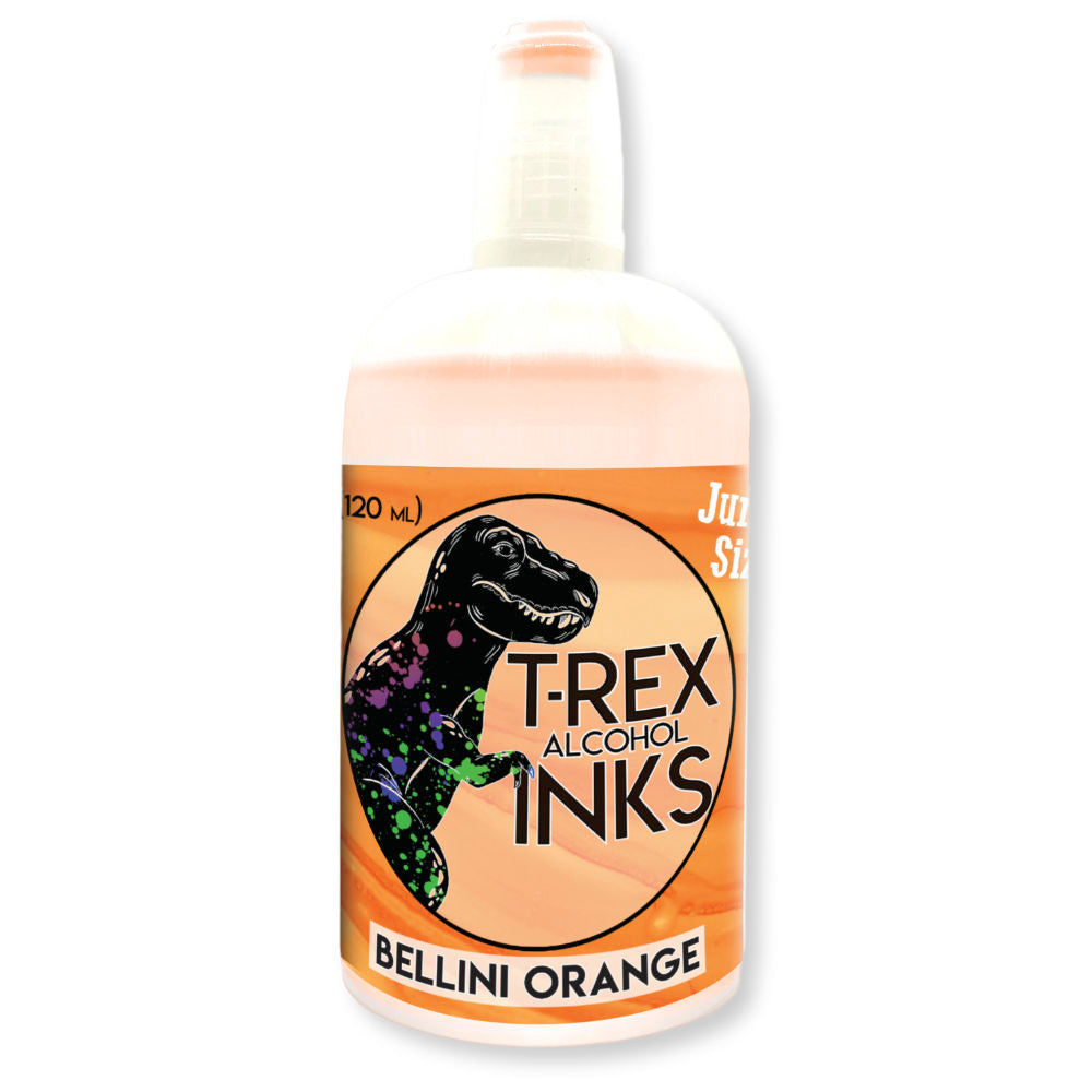 120ml Jurassic sized T-Rex Alcohol Ink refill bottle in Bellini Orange with applicator tip for vibrant art projects