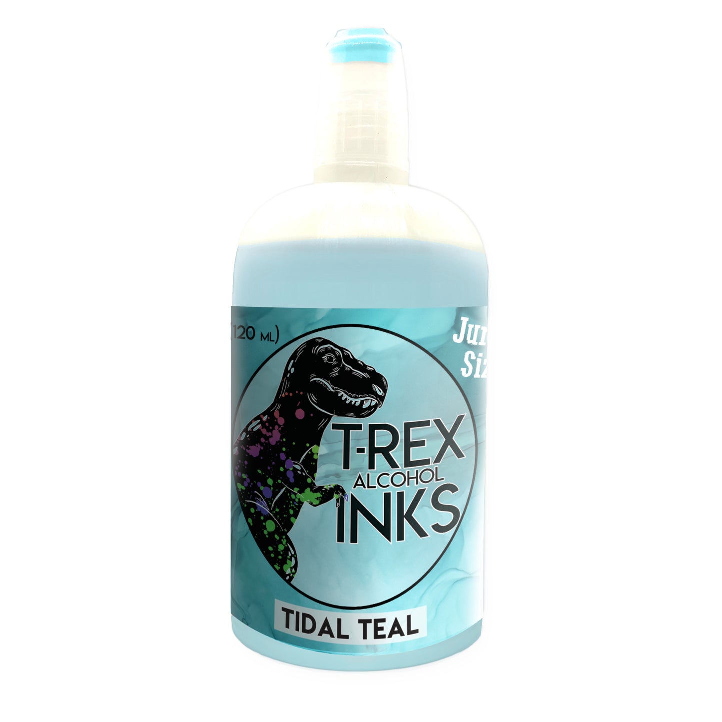 120ml Jurassic sized T-Rex alcohol ink refill bottle in Tidal Teal with applicator tip for vibrant art projects