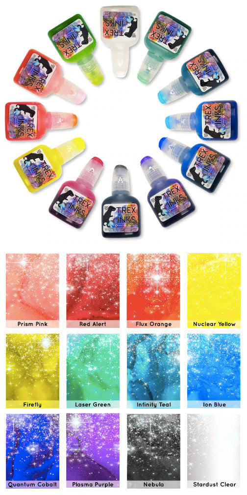 Final Clear Out 20ml Individual Bottles by T-Rex Inks with vibrant sparkling alcohol ink colors for creative art projects